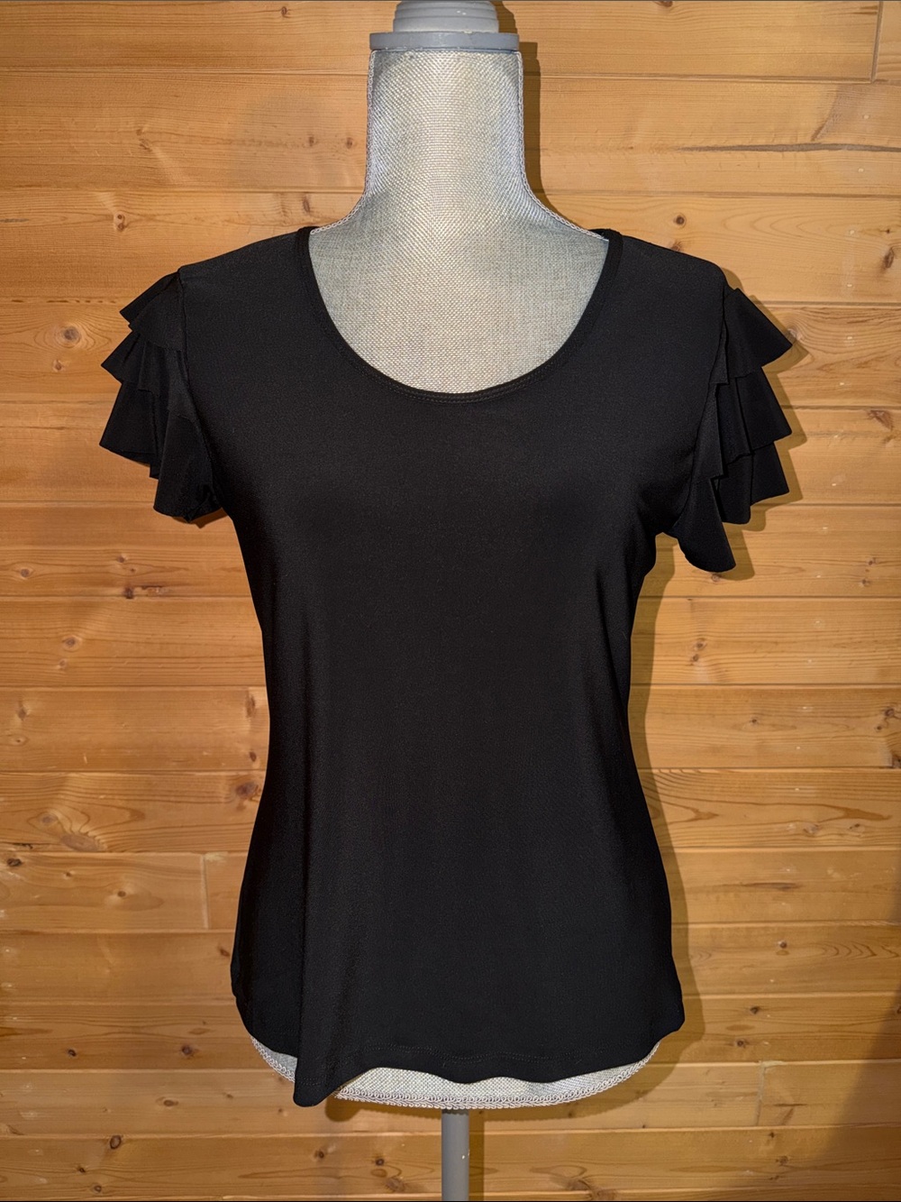 Carole Little Black Women's Scoop Neck Top with Tiered Ruffle Short Sleeves L